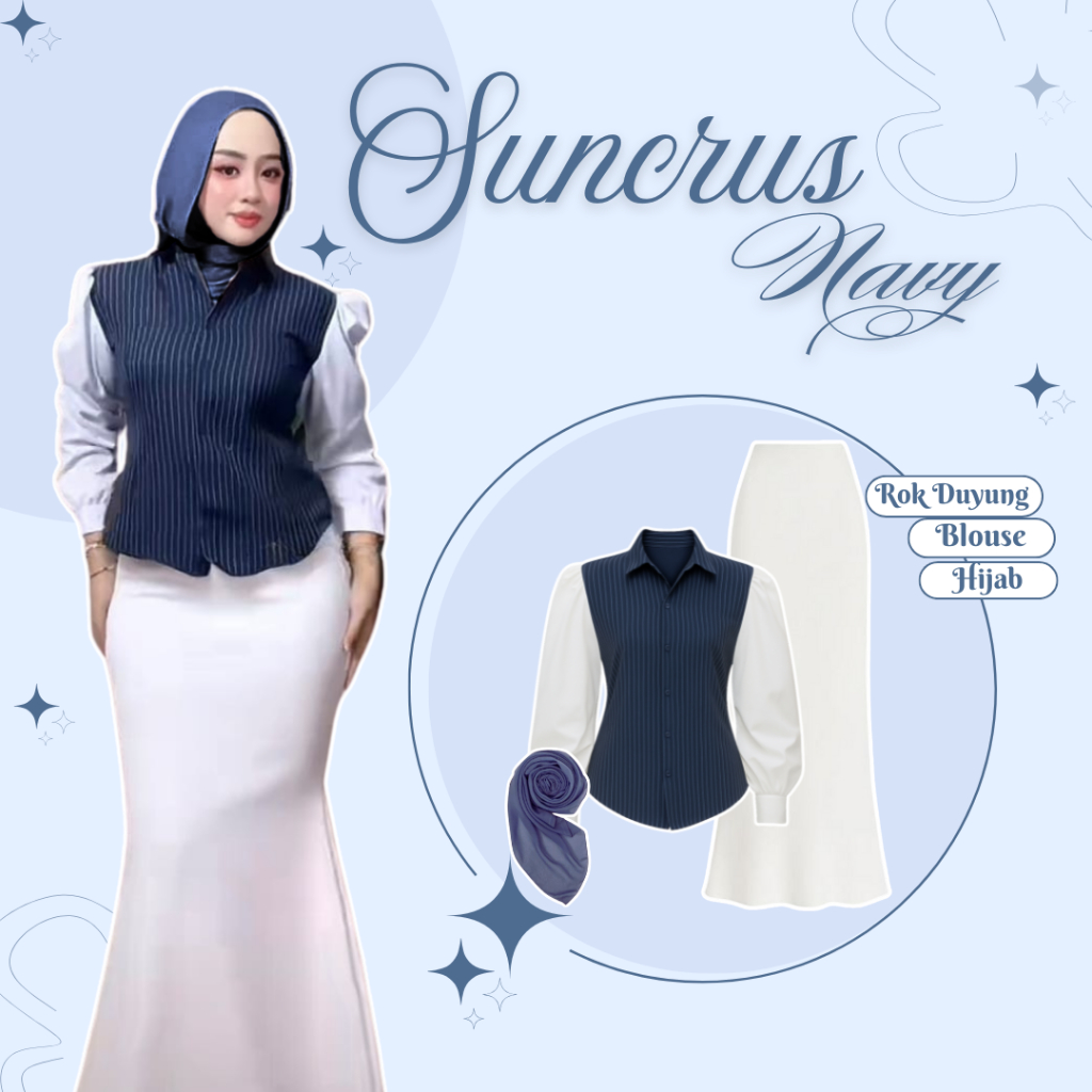 Setelan Rok wanita Kekinian (Atasan Kemeja Suncruz Salur - Rok Duyung - Jilbab) Outfit Kondangan Sim