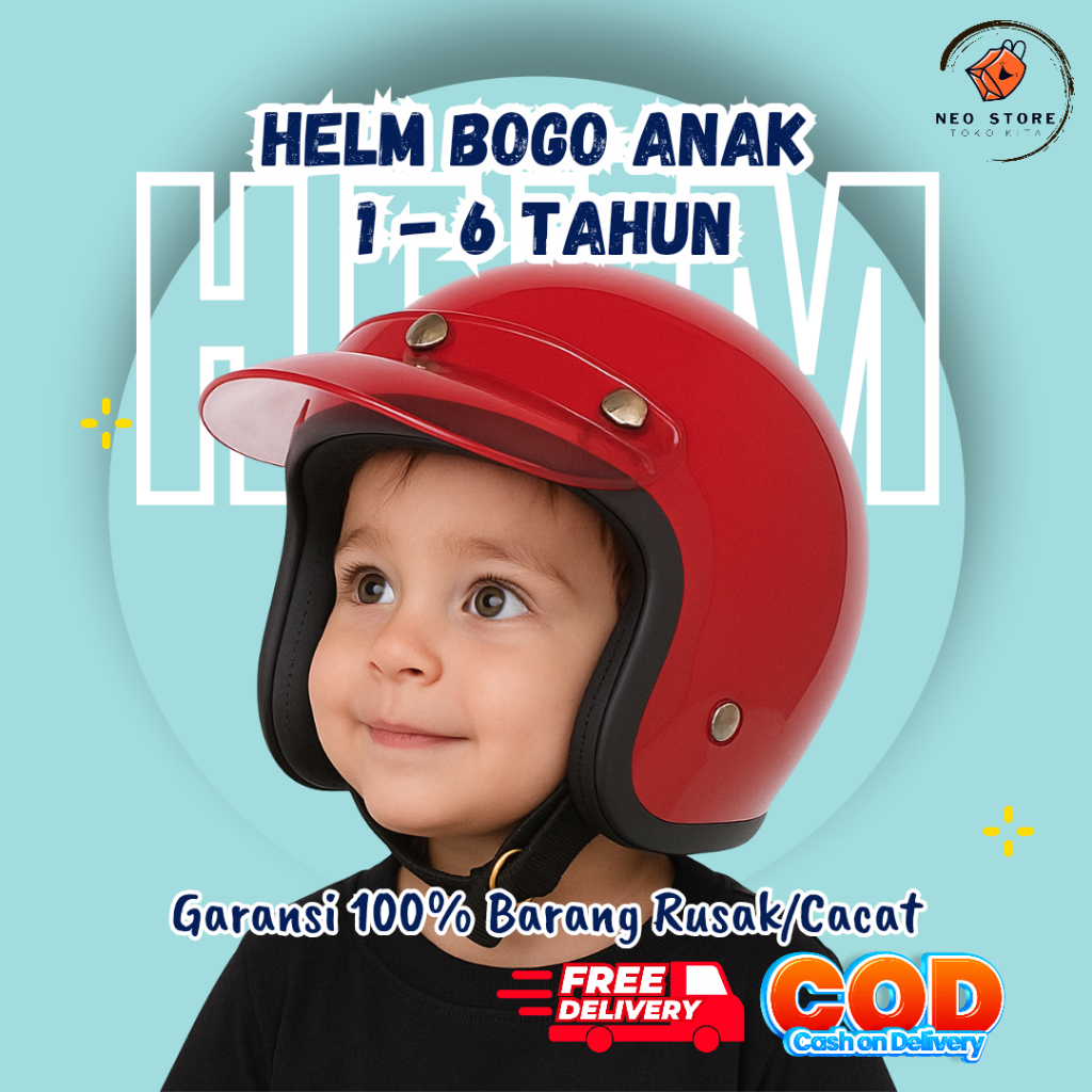 Helm Bogo Retro Anak Lucu Umur 1–6 Tahun – Helm Motor Balita SNI, Karakter Kartun, Aman & Keren