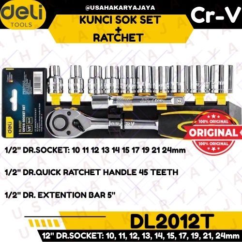 DELI Kunci Sok Set 12PCS+Ratchet EDL2012T Shock Lengkap Ori/ Kunci Sok Plus Rachet 1/2" Inch 10-24mm