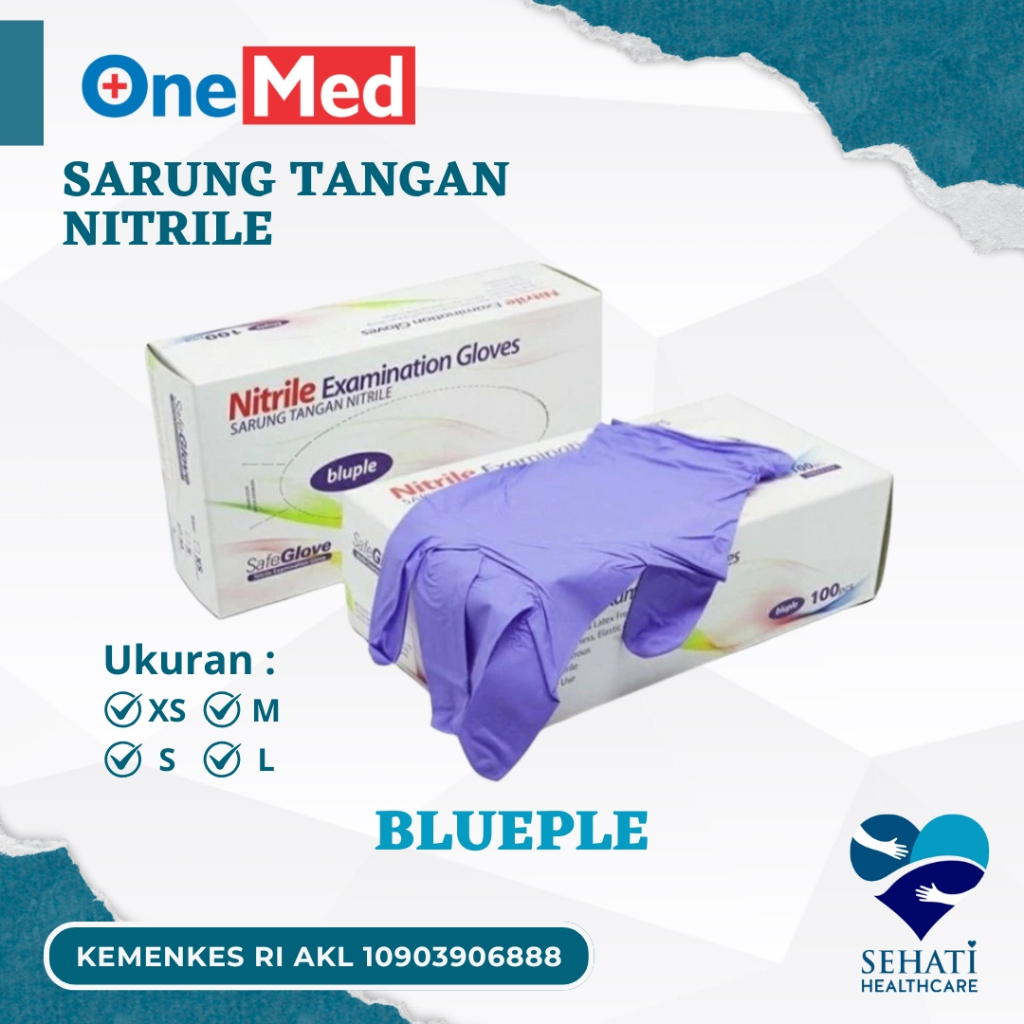 Onemed Sarung Tangan Nitrile Blueple SafeGlove Ukuran XS S M L Medis  Handscoon Handscon Handskun Ka