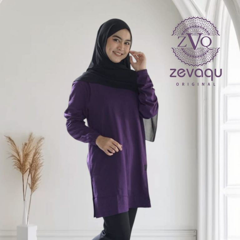 Harmoni Distro -Zevaqu original Kaos Tunik Polos Wanita Warna ungu Lengan Panjang 100% katun