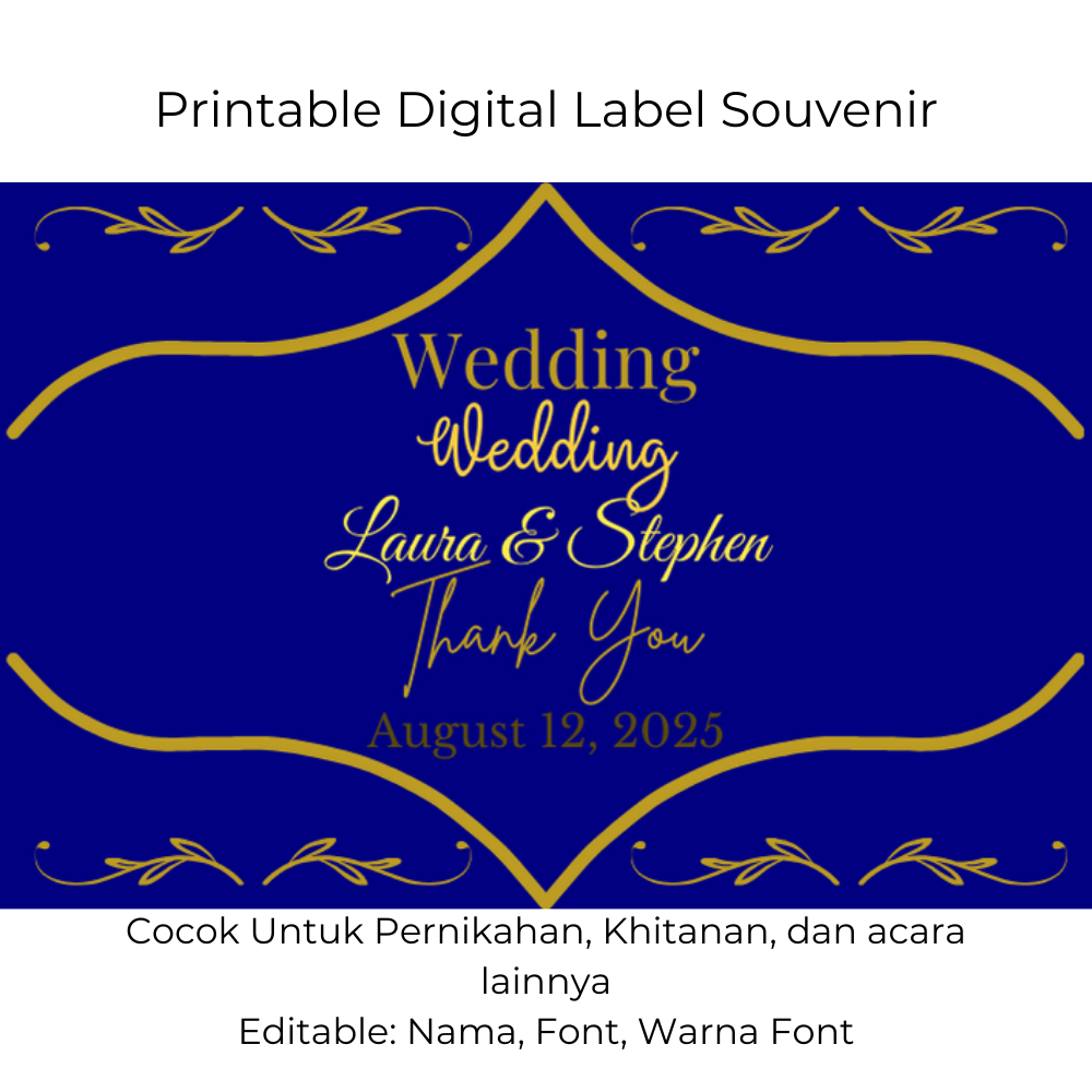 

Label Souvenir Pernikahan Custom – Desain Biru Emas Mewah, Nama & Tanggal Bisa Edit