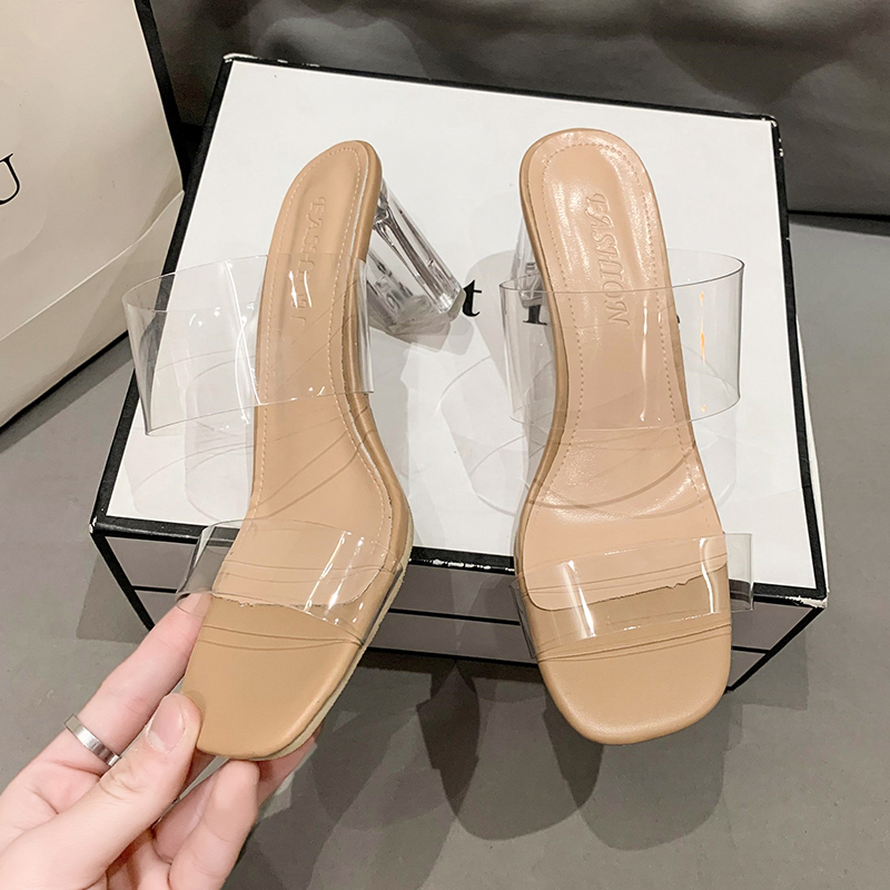 Sepatu Sandal Hak Tahu High Heels Kaca 7cm 9cm Tinggi Slip On Mules Wanita Import Sendal Perempuan T