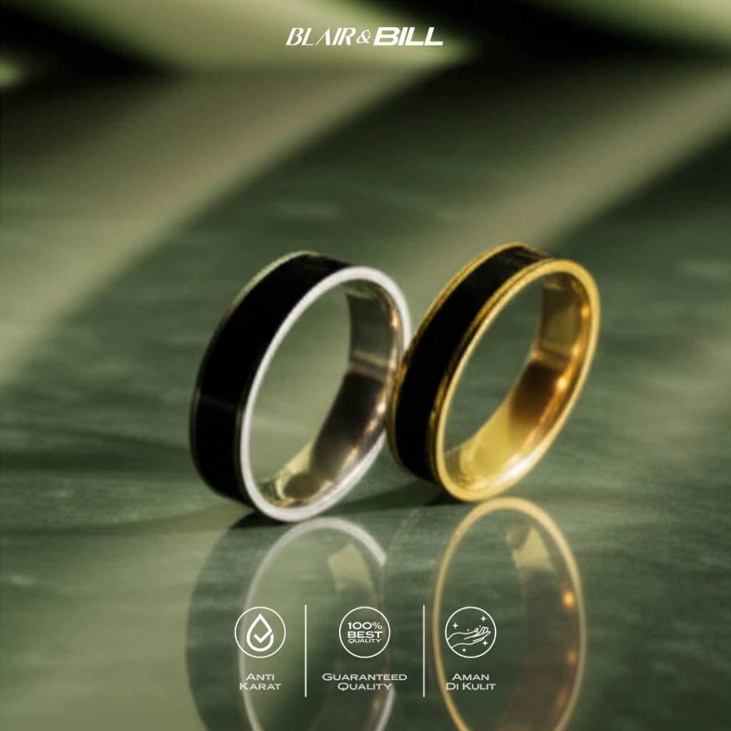 BLAIR & BILL - Cincin Titanium Pria Wanita Motif Hitam List Anti Karat