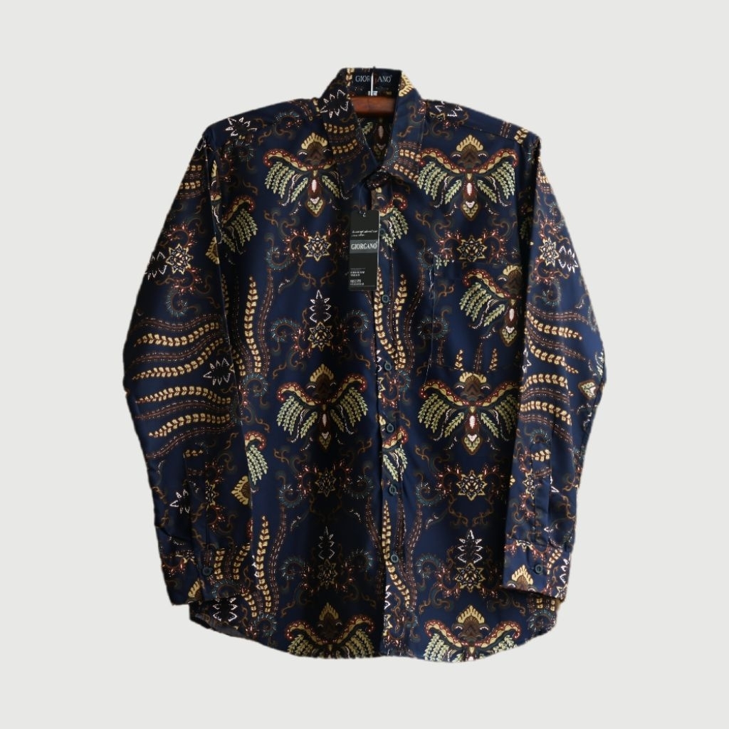 SANGGA Kemeja Batik Pria Lengan Panjang Navy Gold