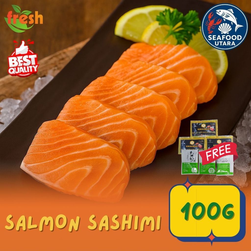 

Salmon Sushi/Sashimi Grade 100 gram ready to eat (makan mentah) + Bonus Wasabi & Kecap Asin | Salmon sashimi norway premium grade A