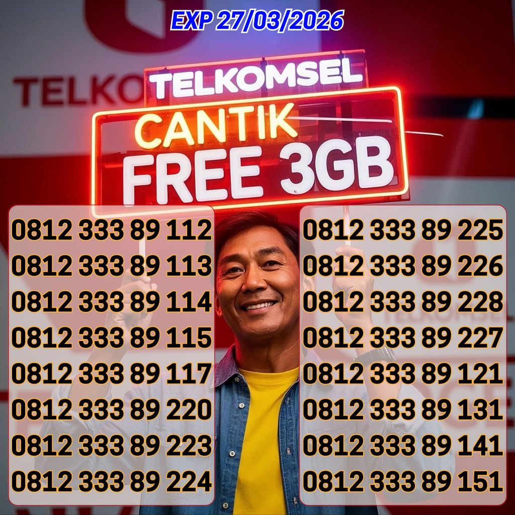 Nomor Cantik Telkomsel Seri 0812 333 89 XXX Bonus 3GB Harga 47ribu