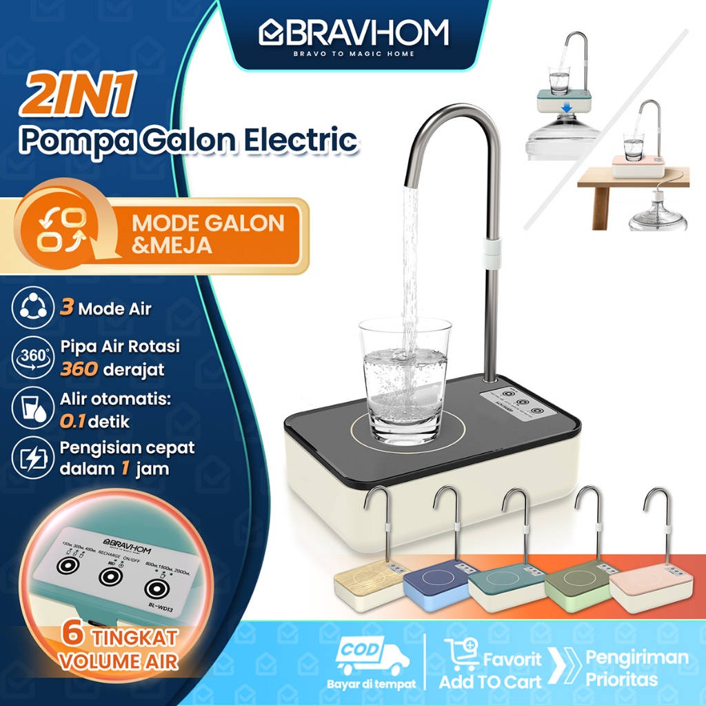 cocou BRAVHOM Pompa Air Galon Elektrik 2in1 Dispenser Air Panas Dingin Rumah dan Luar Ruangan