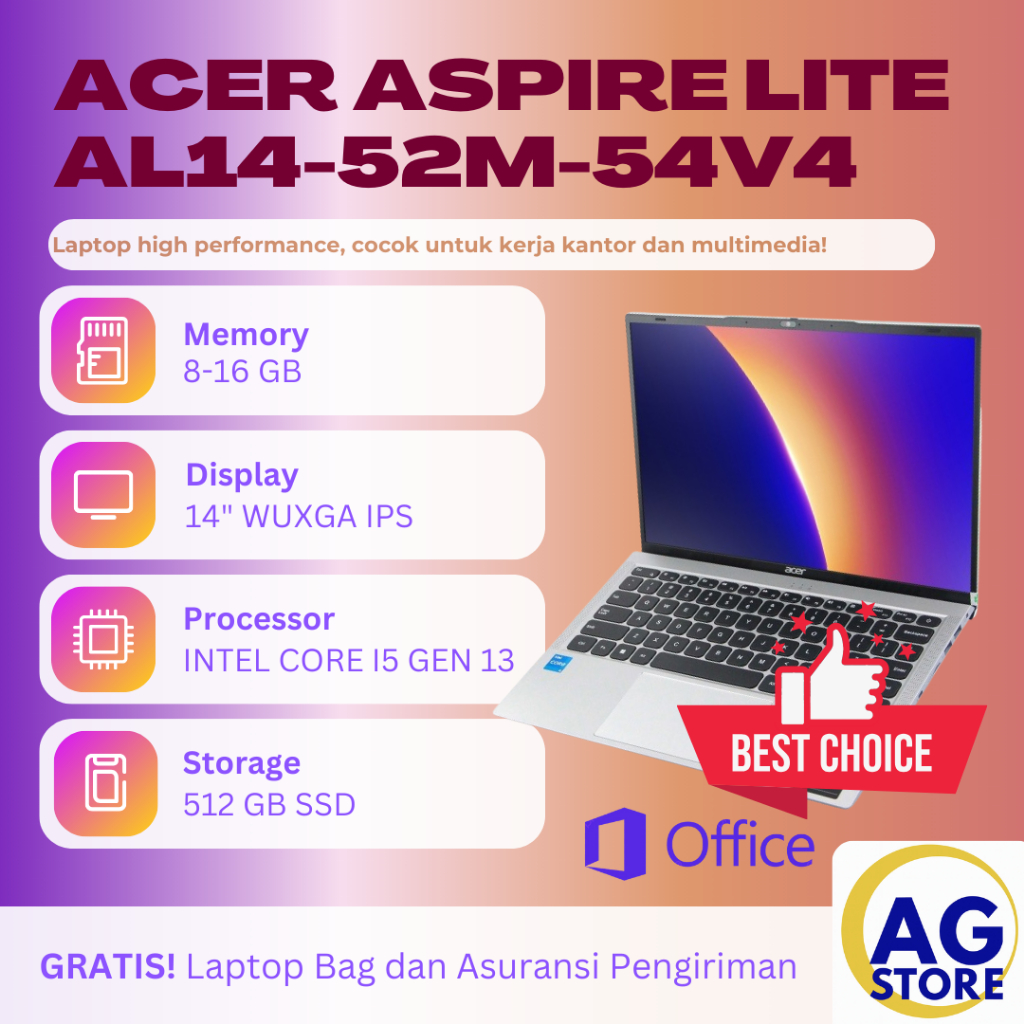 Laptop Acer core i5 terbaru Aspire Lite AL14 - 54V4 Core i5-1334 Ram 16GB SSD 512GB 14" IPS