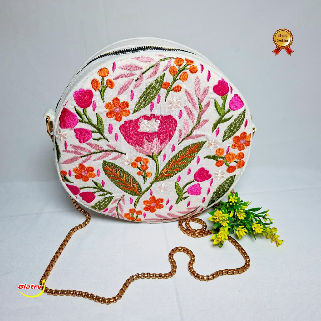 Tas Wanita Bordir Kekinian Dengan Motif  Bunga tulipTas Bulat Wanita FHasion Korean/Tas Selempang Wa