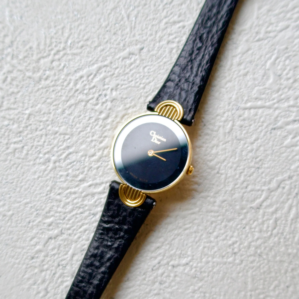 Jam Tangan Wanita Vintage Watch Christian Dior Black Dial Black Moon Gold Original Autentik Preloved
