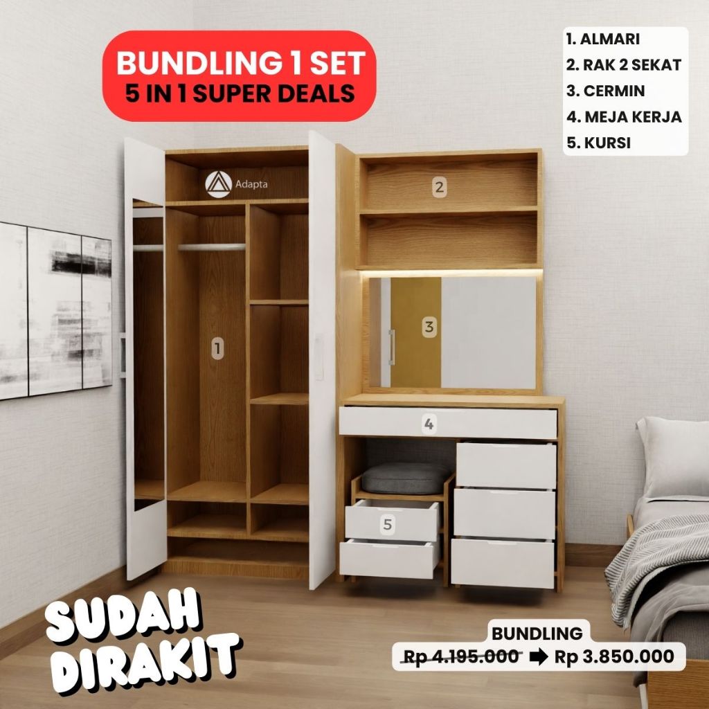 Adapta - 1 Set Furniture Kamar-Furniture Kamar Aesthetic-Set Meja Kerja Dan Kursi-Set Kamar Tidur-AL
