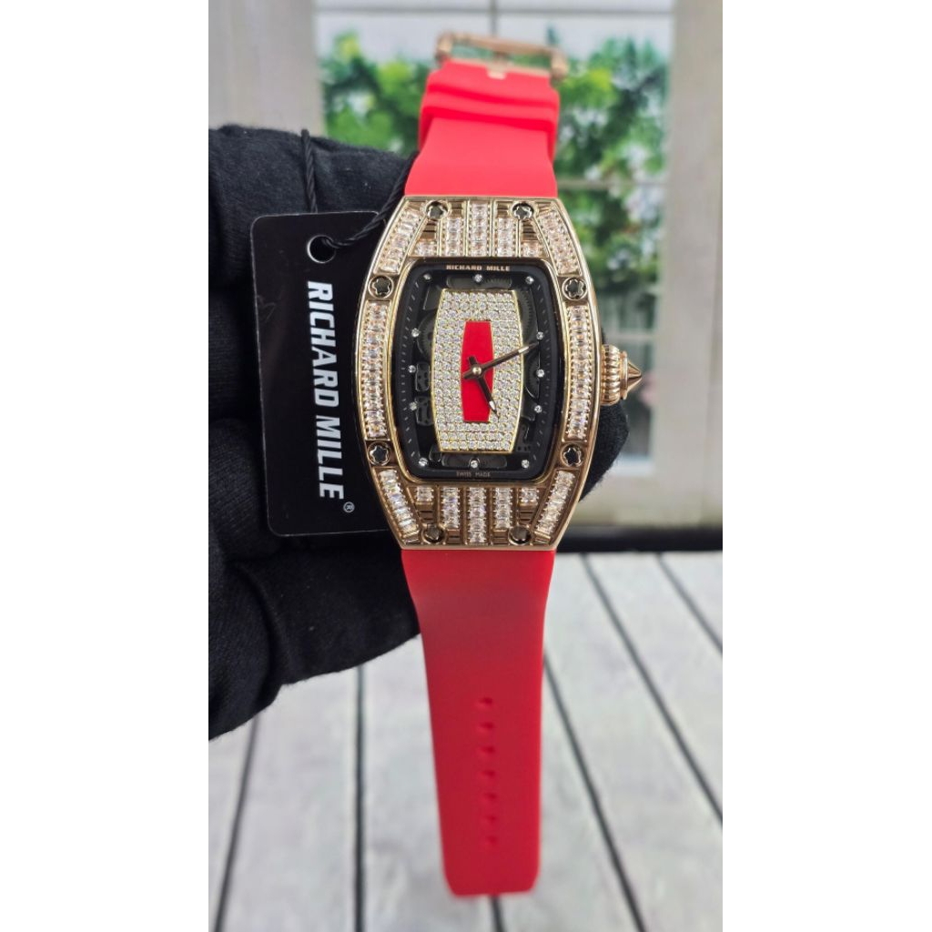 Jam tangan Swiss Quartz Baterai Wanita Elegan Mewah RM 007 Lady Diamond Cut Rubber strap Stainless s