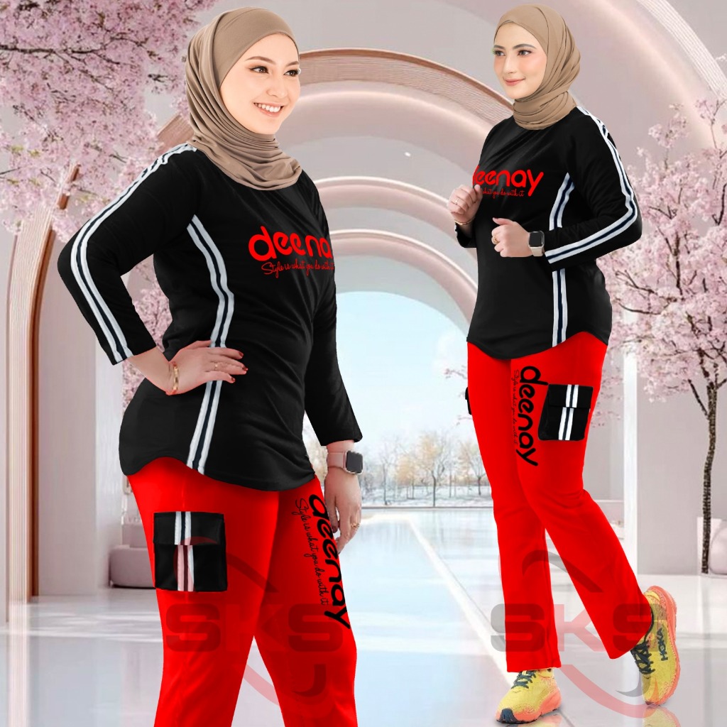 Setelan Olahraga Wanita Kombinasi Celana Cargo Sporty Motif DEENAY Set Training Senam Oneset Joging 