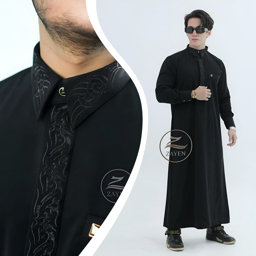 Jubah Slimfit pria Gamis Pria Slimfit jubah zayen hitam kerah daum kerah kemeja bordir jubah pria mu