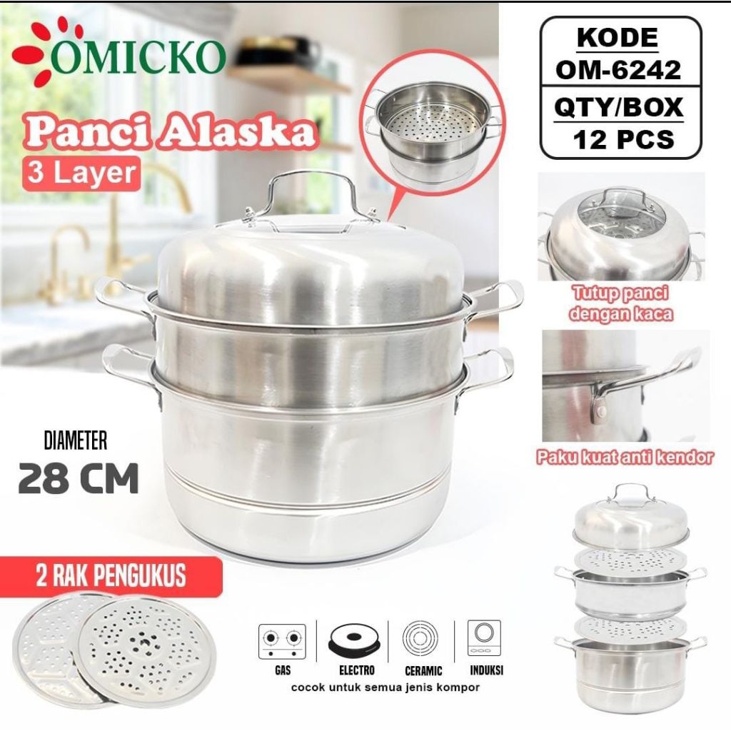 Panci kukusan siomay dimsum bakpao nasi tim steamer  dandang stainless steel 3 susun Ukuran 28cm