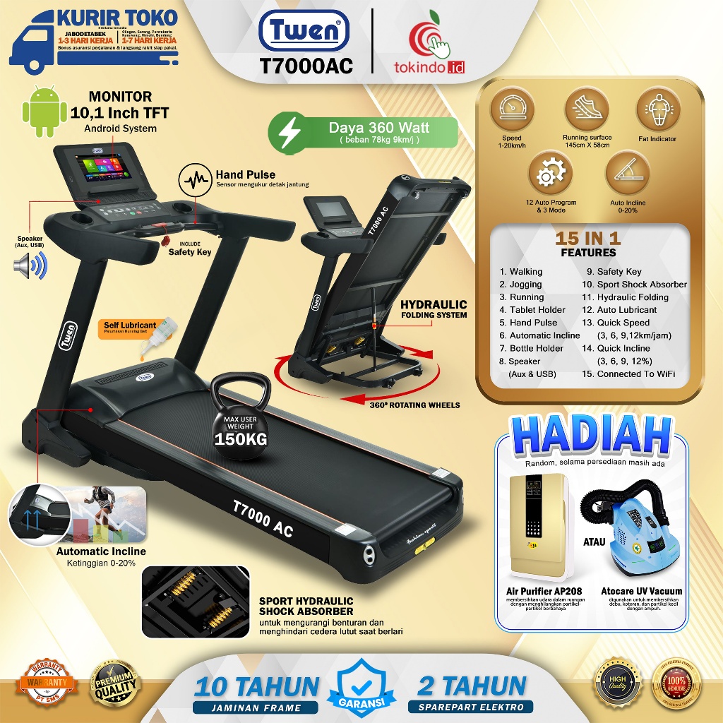 TWEN T7000AC Treadmill Listrik Treadmill Portable Treadmill Multifungsi Treadmil Lipat Alat Olahraga