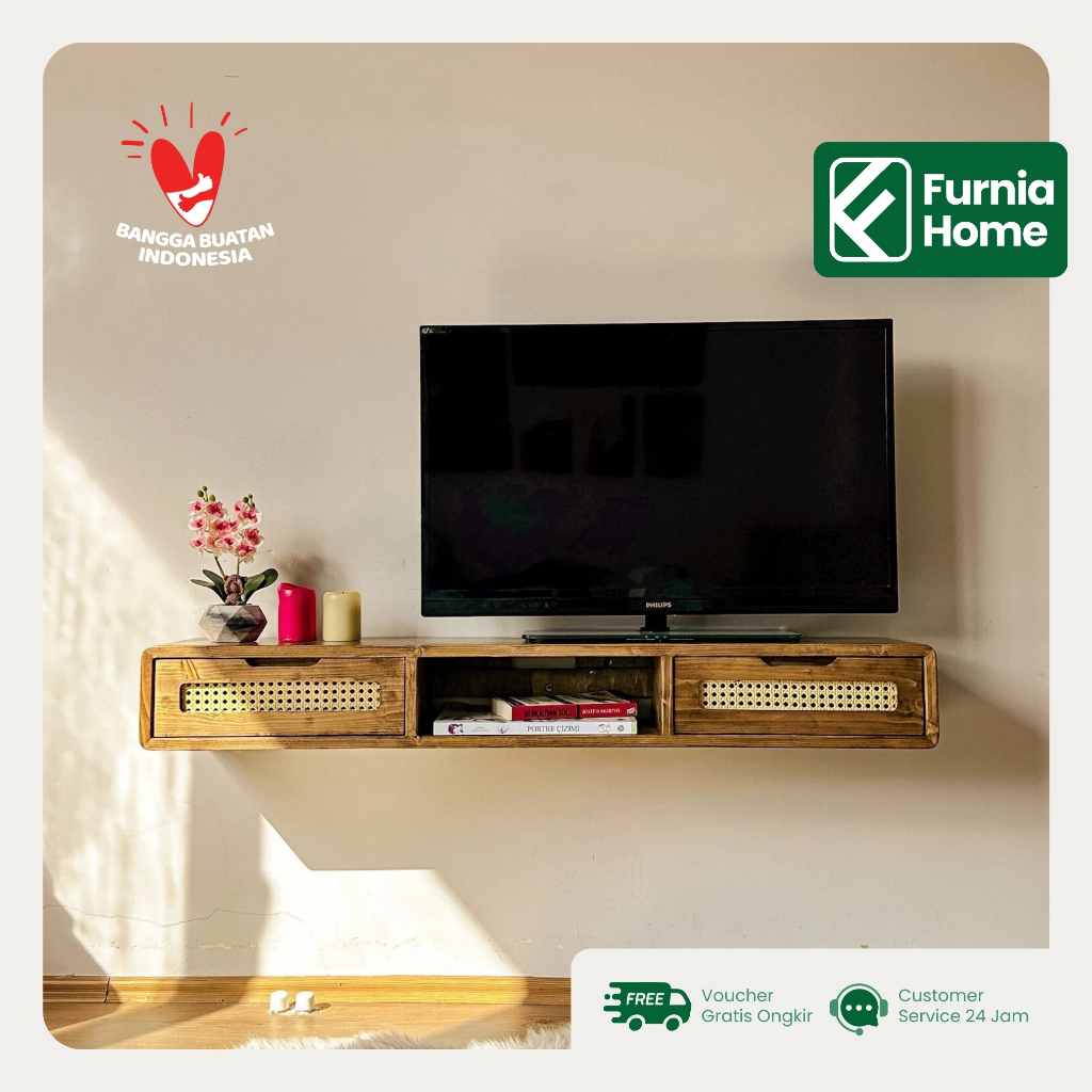 Buffet Meja TV Gantung Minimalis Floating Cabinet Dinding Kayu Solid Rotan Modern