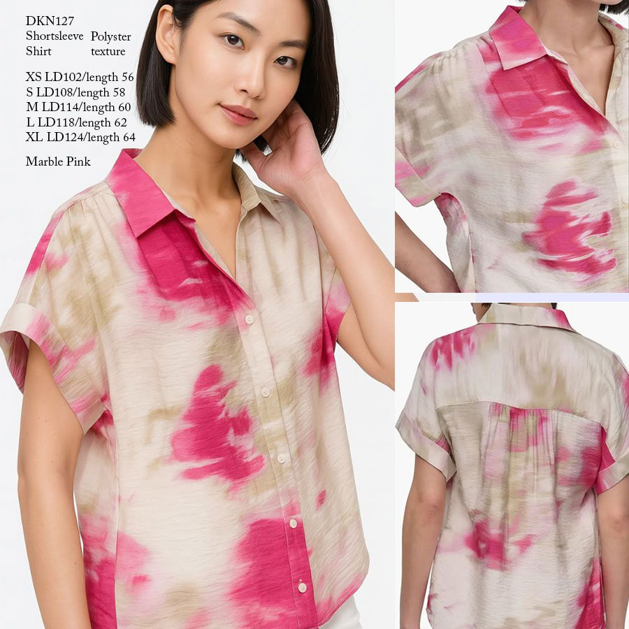 [shp] DKNY 127 Short-Sleeve Shirt - Baju Atasan Kemeja Motif Lengan Pendek Wanita Branded Original