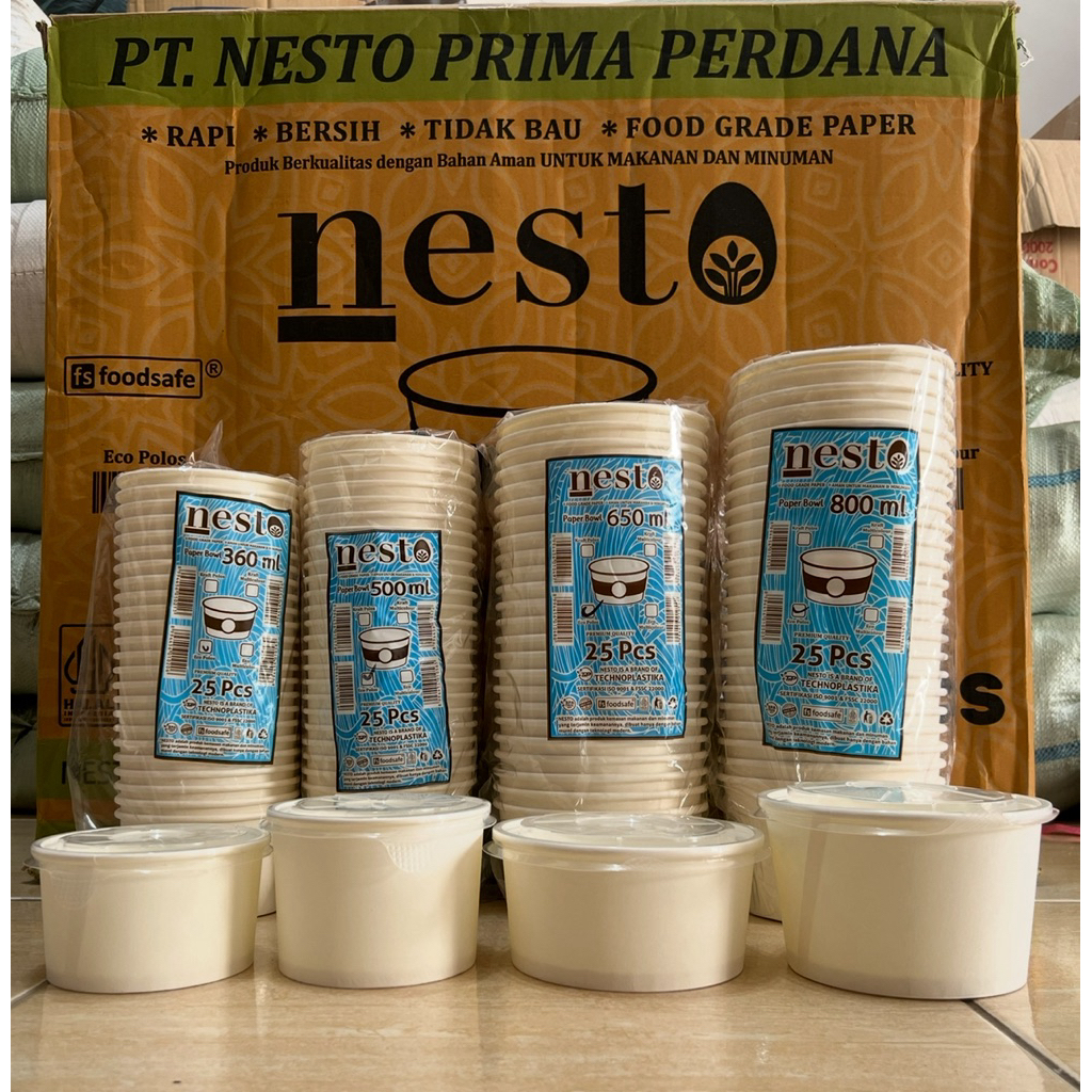 (25pcs) paper bowl ivory putih + tutup 360ml, 500ml, 650ml, 800ml tebal, anti bocor dan tahan panas.
