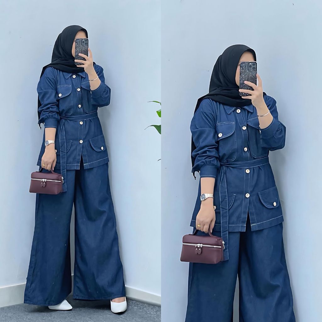 SETELAN JEANS ONE SET SANTAI NONGKRONG JALAN JALAN BAJU CELANA SANTAI WANITA MODEL TERBARU