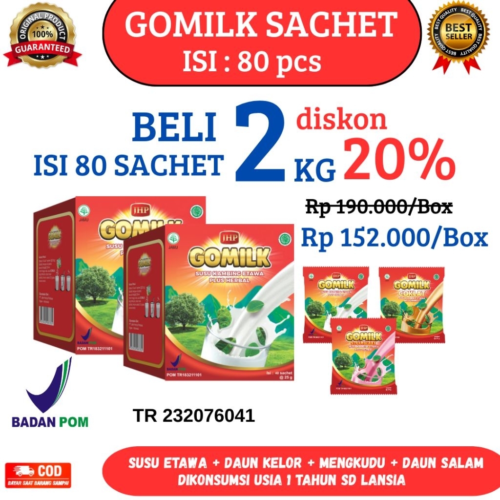 

GOMILK 2kg 80 Sachet - Susu Kambing Etawa Herbal Daun Kelor Tinggi Kalsium, Imun Kuat, Kolesterol