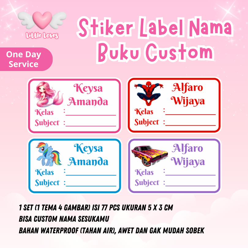 

[PAKET 77 PCS] Stiker Nama Buku / Stiker Custom Nama Buku Sekolah Anak Satuan Tema Anak