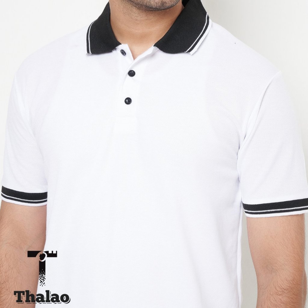 THALAO - Baju Kaos Kerah Polos Kombinasi List Lengan Pendek Berkerah Pria Wanita Kaos Polo Putih