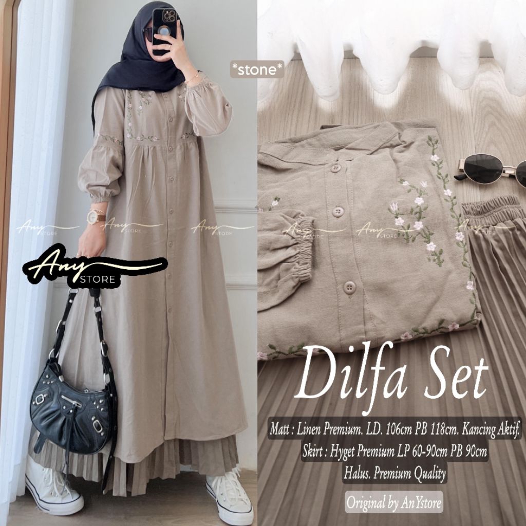Dilfa set ori any / setelan wanita long tunik dan rok plisket / set baju muslim wanita