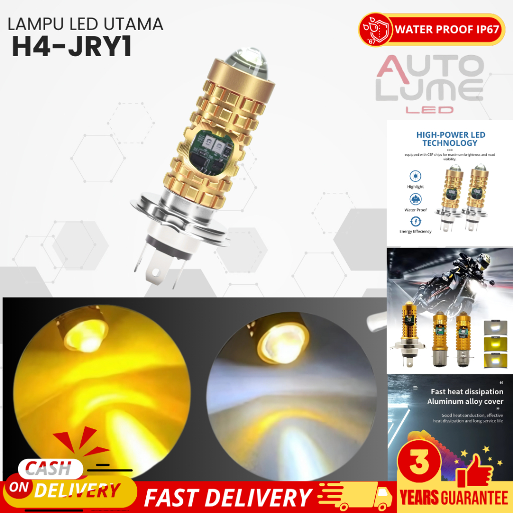 Autolume Lampu LED H4-JRY1 Emas – 6400LM Super Terang 30W CSP Chip – 6000K Putih Sejuk – IP68 Tahan 