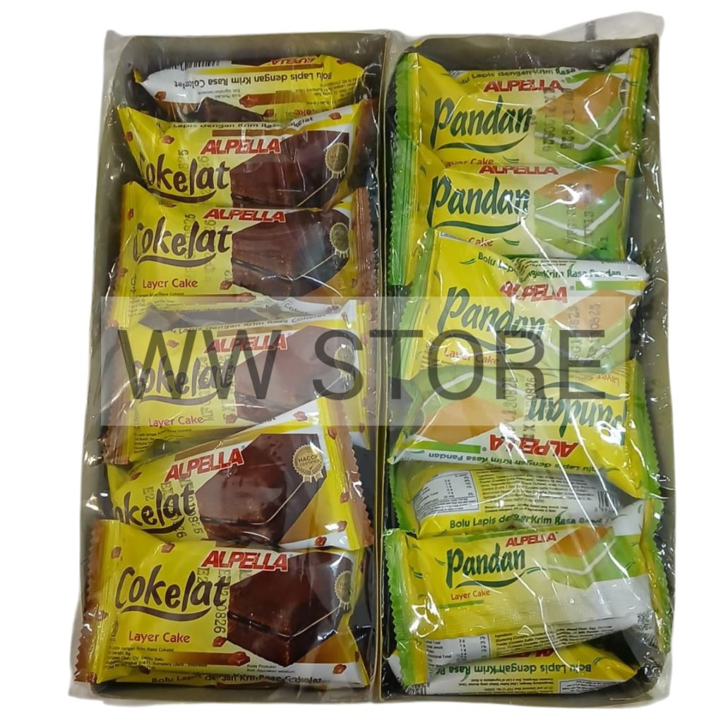 

Keik bolu lapis dengan krim rasa daun coklat cokelat halal MUI ALPELLA Pandan / Chocolate Layer Cake 24x8g