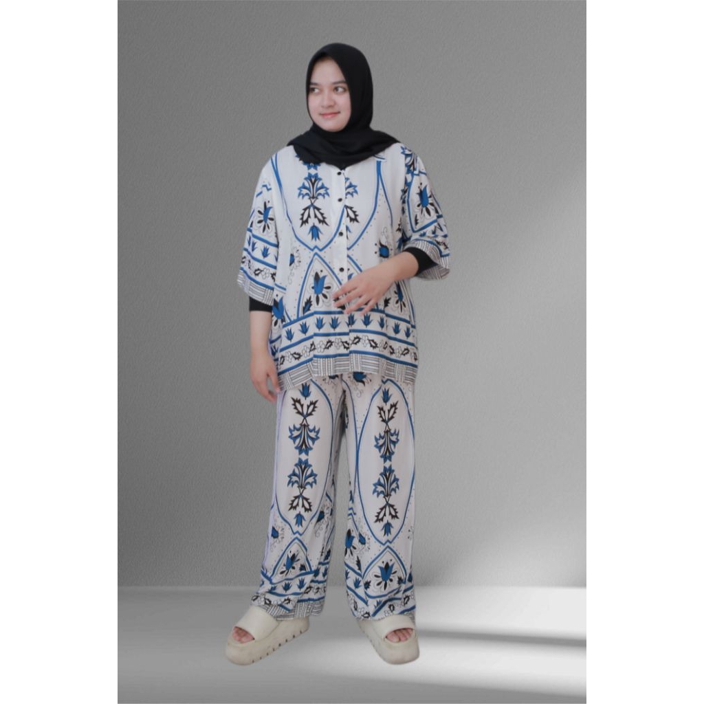 SET KEMEJA CELANA WANITA SETELAN BAJU KEMEJA CELANA ONE SET KATUN RAYON