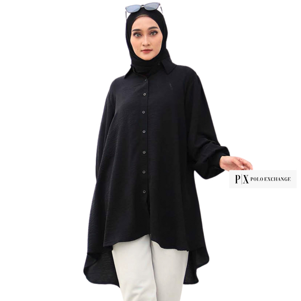 Baju Atasan Wanita Muslim Tunik Mirah Panjang Busui Crinkle Premium OOTD Polo Exchange Polos Hitam