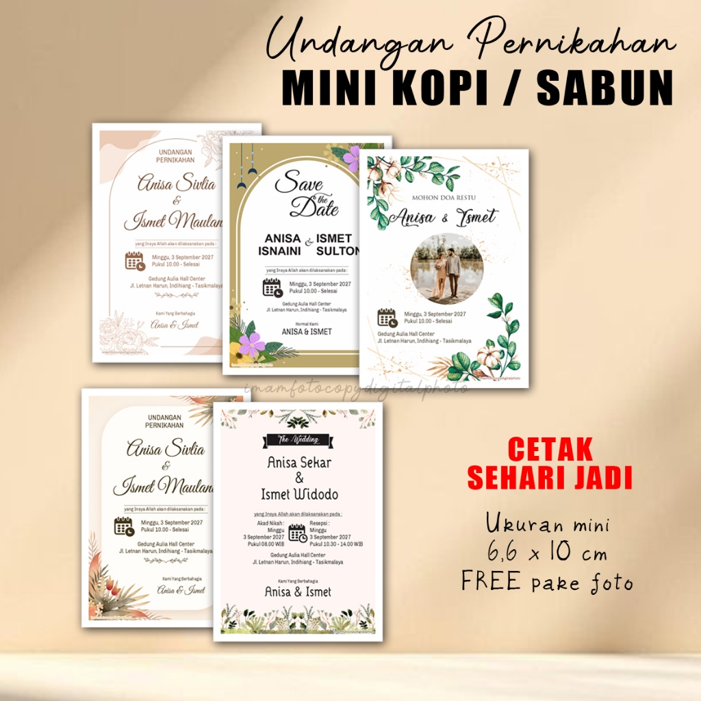 UNDANGAN PERNIKAHAN MINI KOPI SABUN Ukuran 6.6 x 10 cm CETAK SEHARI JADI Gratis Foto Desain Eksklusi