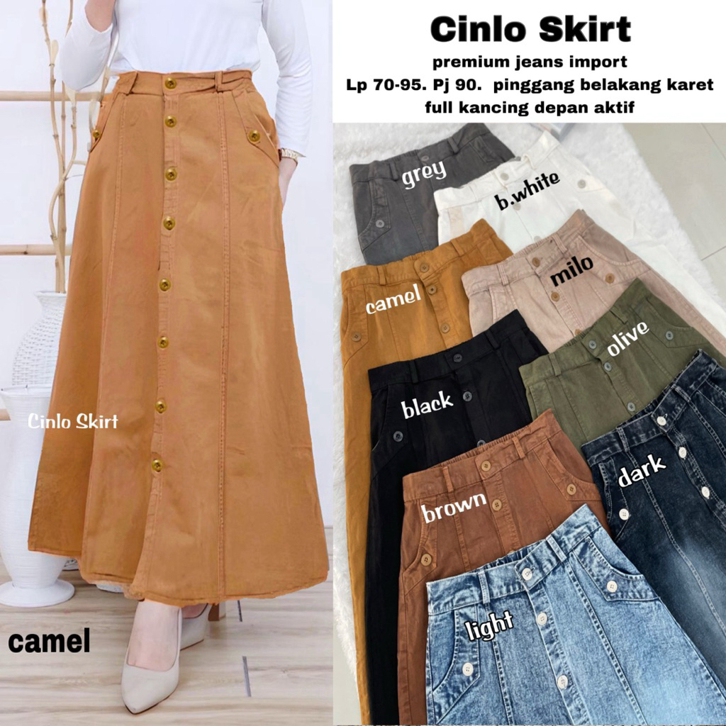 cinlo. rok panjang wanita. rok jeans panjang. rok muslimah panjang. rok kancing depan. rok panjang w