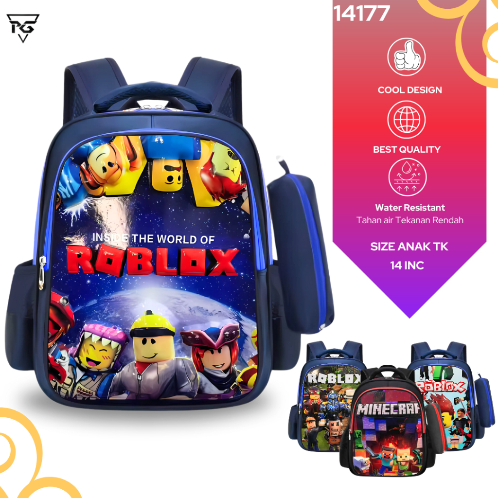 Tas Anak Sekolah Laki Laki TK Motif Roblox & Minecraft Timbul 3D Free Tempat Pensil 14177 Backpack