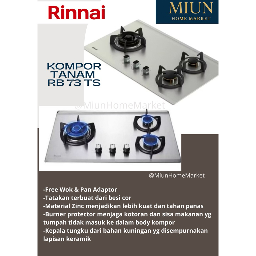 RINNAI Kompor Tanam Stainless 3 Tungku RB 73 TS / Kompor Tanam Rinnai 3 Tungku Stainless