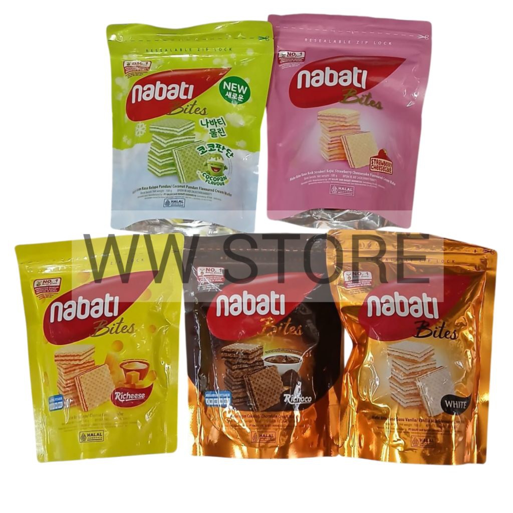 

Wafer krim rasa cokelat coklat / keju / stroberi keik / susu vanila / kelapa pandan halal MUI nabati Bites Richoco White / Chocolate / Richeese Cheese / Strawberry Cheesecake / Coconut Cocopan Flavoured Cream Wafers pouch 100g