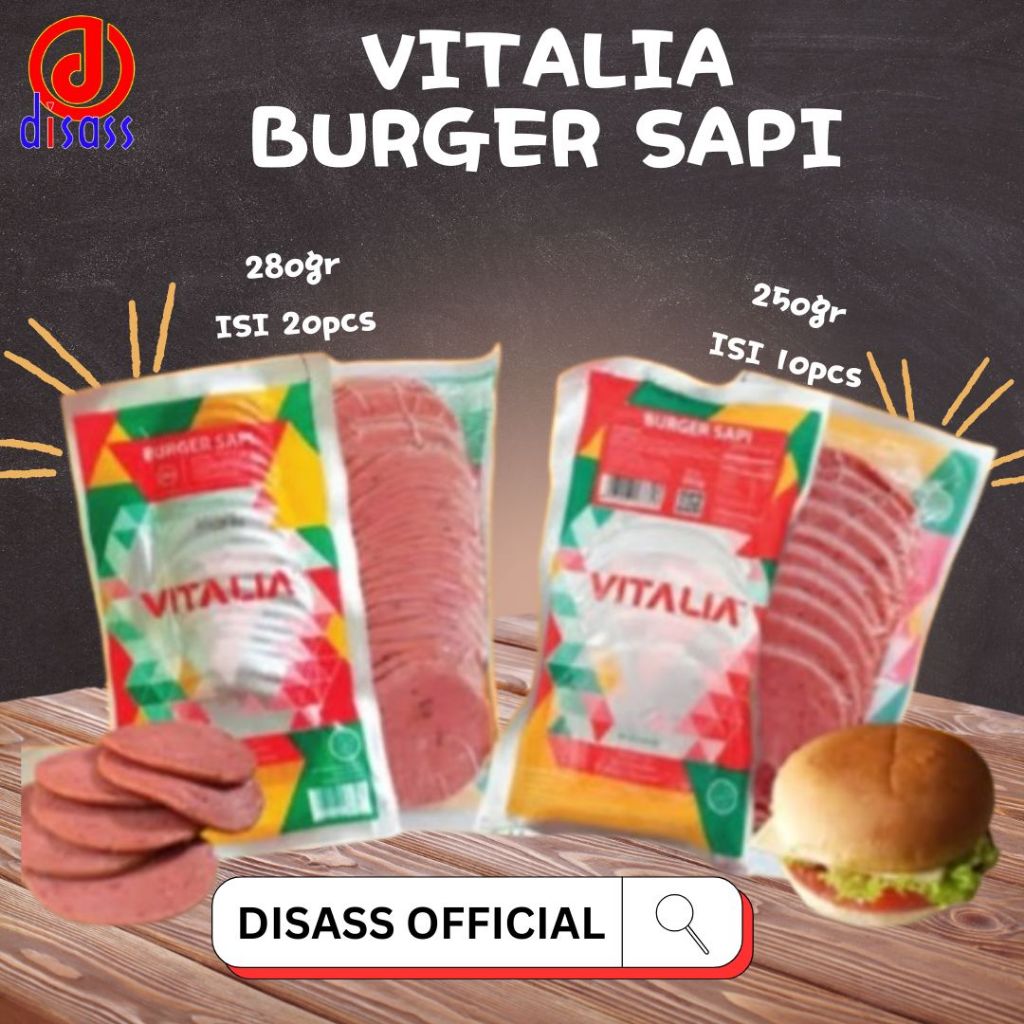 

VITALIA BEEF BURGER PATTIES DAGING SAPI SLICE SIAP PAKAI KEMASAN 250GR 280GR - DISASS JOGJA