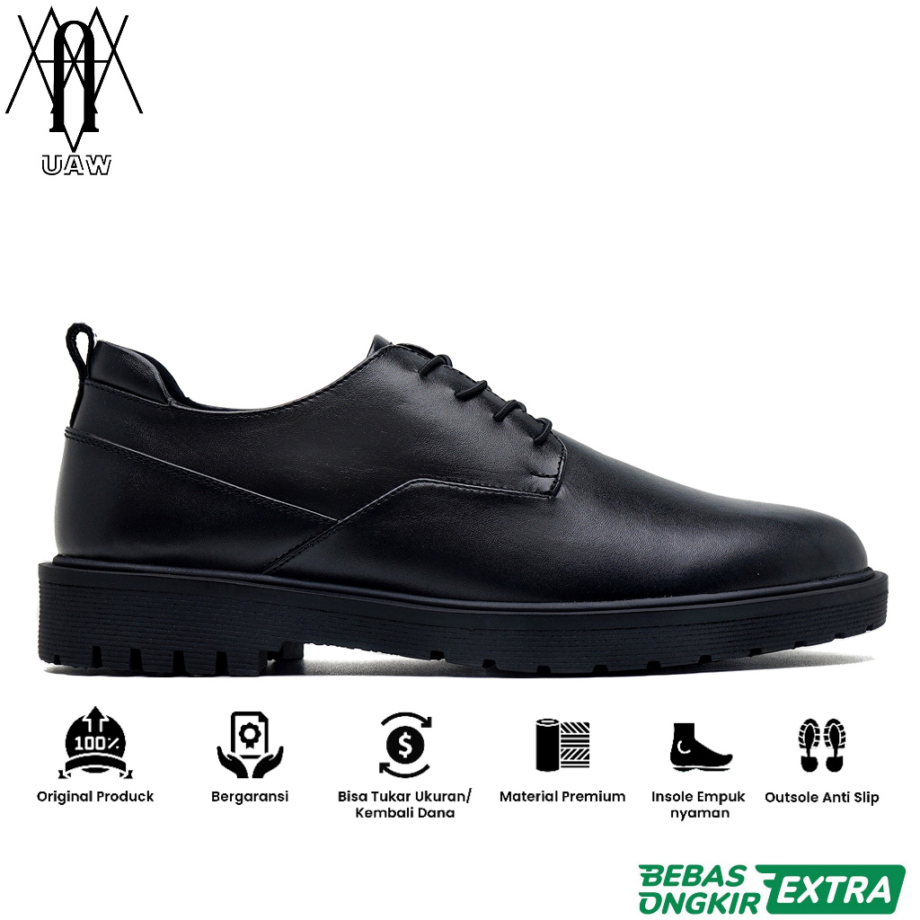 KENZIOS Garansi 100% Ori | SEPATU KENZIOS THOM BLACK - Sepatu Tali Elastis Formal Pria Hitam Kulit