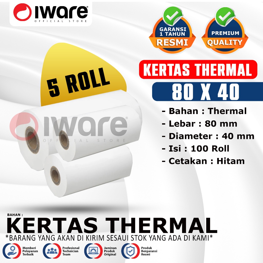 

Iware Kertas Thermal Kasir Struk 80x40 Cetakan Hitam 5ROLL | 10ROLL | 20ROLL