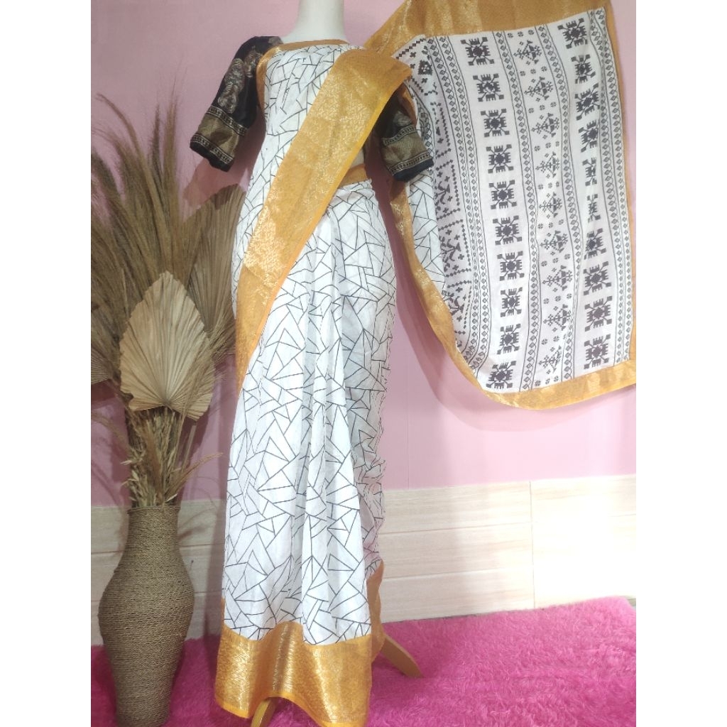 BAJU INDIA/ SAREE INSTAN PUTIH LIST GOLD/ FREE CHOLLY