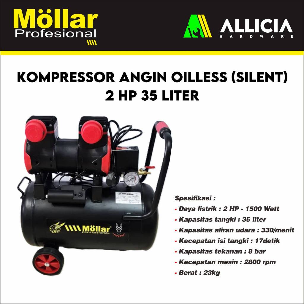 Kompressor Angin/Air Compressor Silent 2HP 35 Liter (Oilles) Merk Mollar