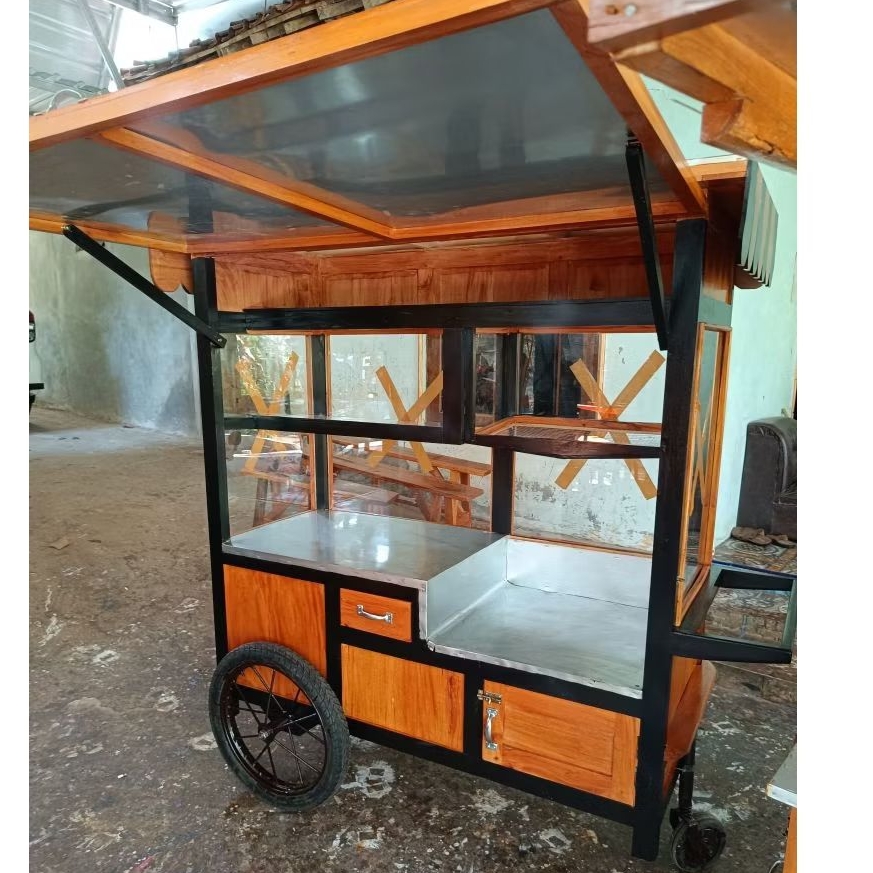 gerobak gorengan full kaca roda tiga kayu mahoni siap jualan free ongkir