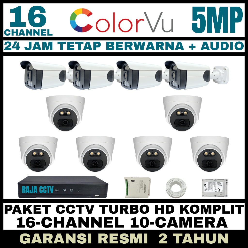 PAKET CCTV COLORVU SIANG MALAM BERWARNA 16 CHANNEL 10 CAMERA 5MP 1080P KAMERA CCTV AUDIO SERIES