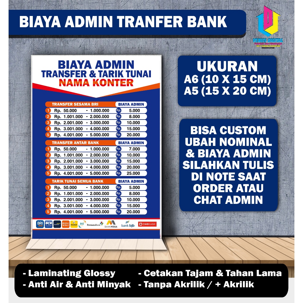 POSTER BROSUR ADMIN BIAYA TRANSFER BANK CUSTOM + AKRILIK A6 10 X 15 CM & A5 15 X 20 CM