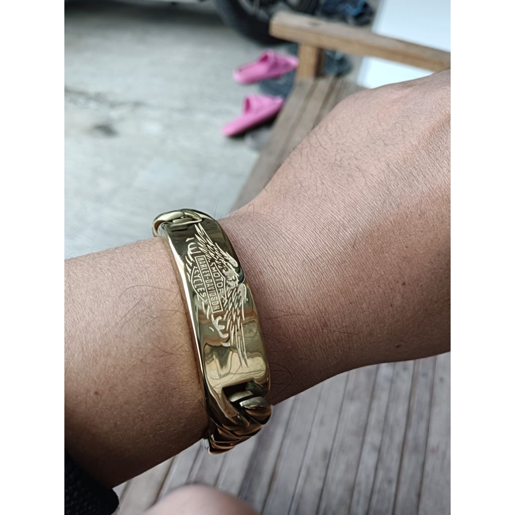 Gelang Pria Rantai Plat Harley Davidson Titanium Gold Emas Keren
