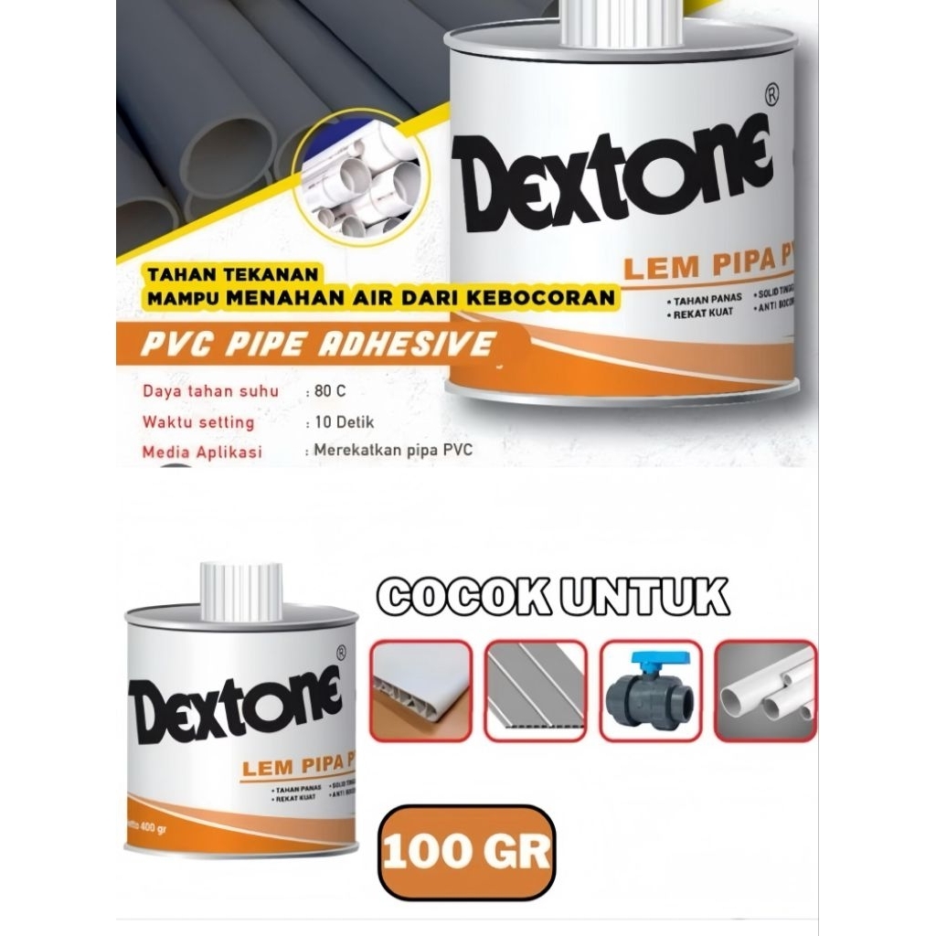 Dextone lem pipa PVC 100gram, lem pipa pvc, lem pvc dextone 100gr