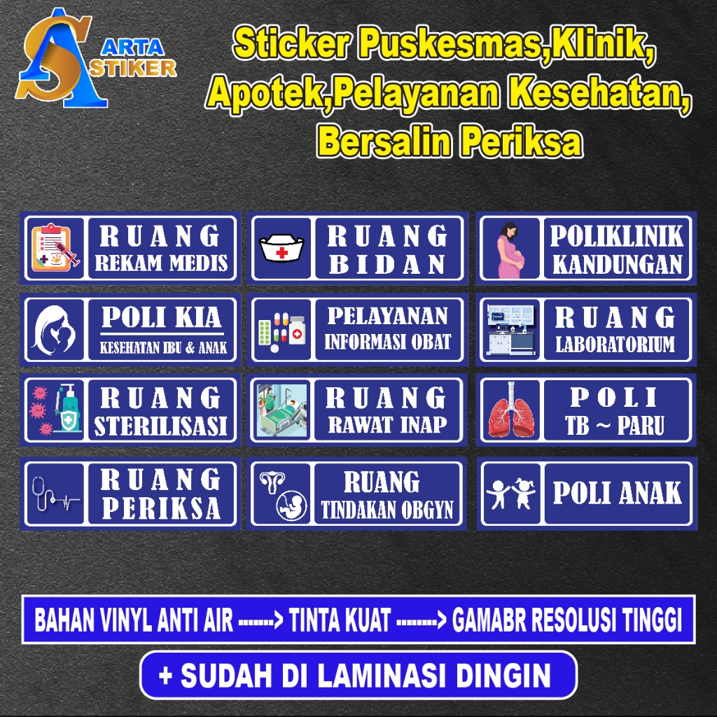 

054. 054.Sticker Puskesmas , Klinik Apotek , Pelayanan Kesehatan Bersalin , Periksa Umum / Untuk Dalam dan luar Ruangan
