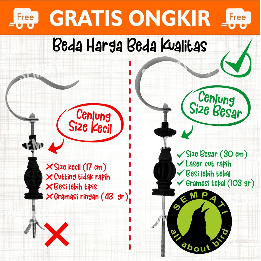 SEMPATI GANTUNGAN CENLUNG BESAR SEMPATI GANTUNGAN SANGKAR KANDANG BURUNG MURAI KOTAK LOVEBIRD PLAT G
